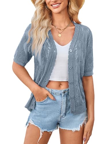 Image of Yekaty Womens 2026 Short Sleeve Crochet Summer Cardigan Cropped Button Sweater Lightweight Shrug for Dress