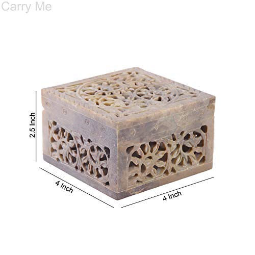 Handcrafted Soapstone Marble Jewellery Box | Decorative Trinket & Keepsake Storage Box | Handmade Indian Handicraft Gift | Size - 4 x 4 x 2.5 inches