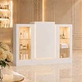 Mostrador de Recepción Blanco 150cm con LED y Vitrina de Cristal – Caja Registradora con Cajón de Teclado, 150×100×52cm