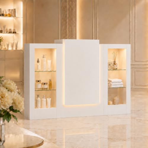 PREMTURE Empfangstresen Weiß 150cm mit LED & Glasvitrine – Kassentresen mit Tastaturschublade, 2 beleuchteten Schränken & 3 LED-Lichtleisten – Rezeptionstheke für Salon, Boutique, Büro, 150×100×52cm