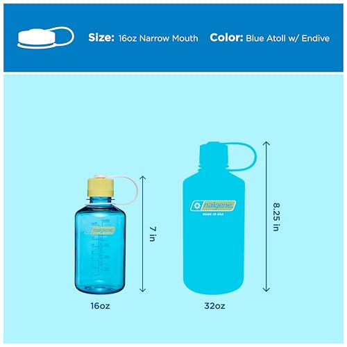 Image of Nalgene 16 oz Narrow Mouth Water Bottle, Thrill & Motion, Blue Atoll w /Endive