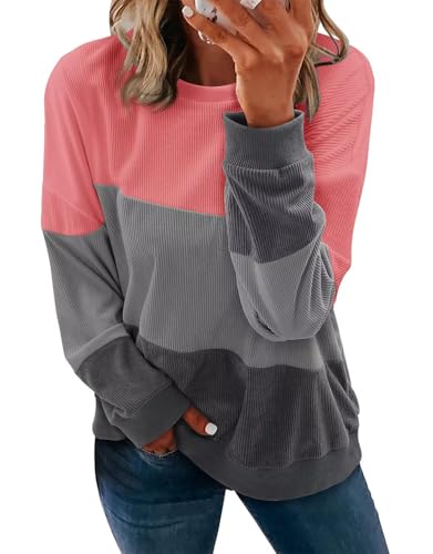 KISSMODA Womens Casual Long Sleeve Sweatshirts Color Block/Solid Tops Corduroy Crewneck Tunic Pullover with Pockets