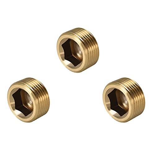 ANPTGHT 1/2 NPT Plug Brass Pipe Fitting Counter sunk Thread Internal Hex Head Style Male Pipe (Pack of 3)