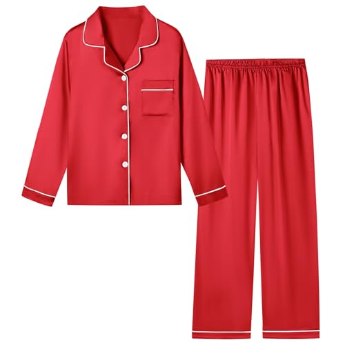 Image of Schbbbta Girls & Women Satin Pajamas Set, 2Piece Silk Nightwear Button-Down Sleepwear for Teen Kids, 3 Years - Women XXL