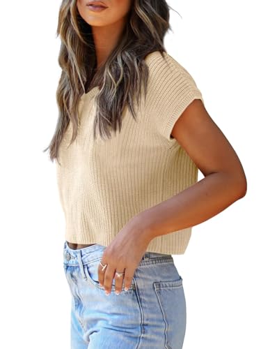 Image of LCXWFE Womens Summer Cropped Sweater Vest Trendy Cap Sleeve Crop Tops Crew Neck Loose Knit Tank Top