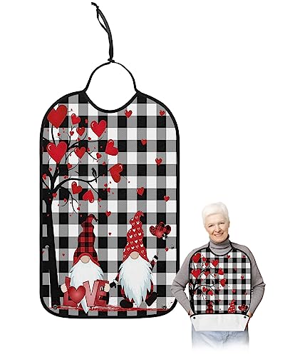 LEOKOTI Valentines Adult Bibs for Eating, Waterproof Bibs with Food Catcher & Adjustable Snap Closure, Black White Plaid Love Heart Tree Washable Clothing Protectors Adult Bibs for Elderly Women/Men