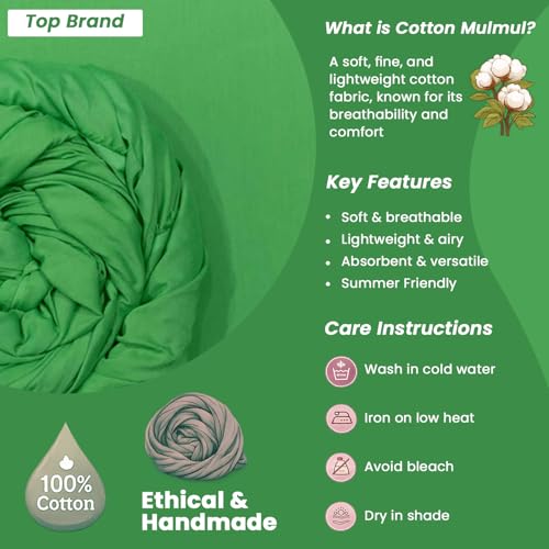 Image of 100% Pure Cotton Mulmul Fabric Material | Reusable Ultra Fine Mulmul Fabric | Lightweight Soft Smooth Piece Linning, Stole, Dupatta, Cushion Pillow Cover (Kelly Green, 3.5 Meters)