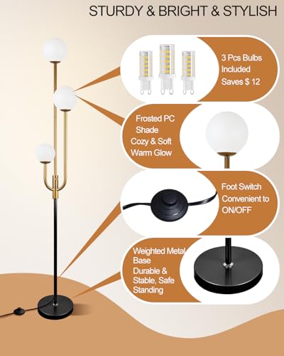 Image of Lightdot 66IN Globe Floor Lamp 3-Lights Vintage Floor Lamps with 3000K Warm White Bulbs Included for Wedding Party Modern Tall Standing Lamp with 5Lbs Heavy Basefor Living Room /Bedroom-Gold & Black