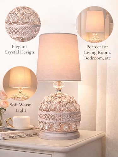 Image of Modern Crystal Table Lamp with White Fabric Shade | Small Contemporary Bedside Nightstand Lamp | Pink Base | Minimalist Desk Globe Light