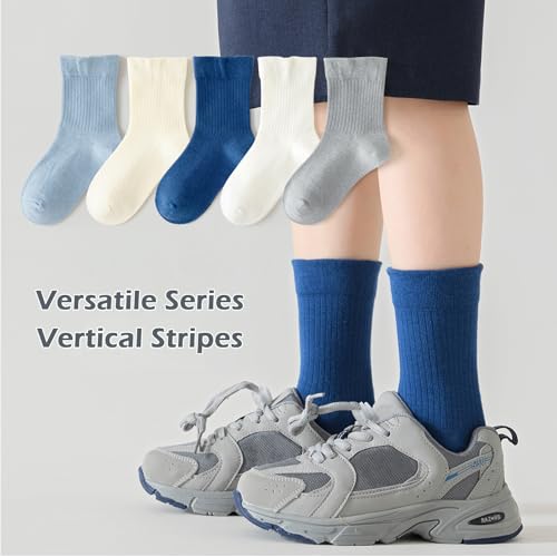 Kids Socks Mid-Calf Ribbed Lines Crew Socks Solid Casual Classical Socks for Kids 5 Pairs2