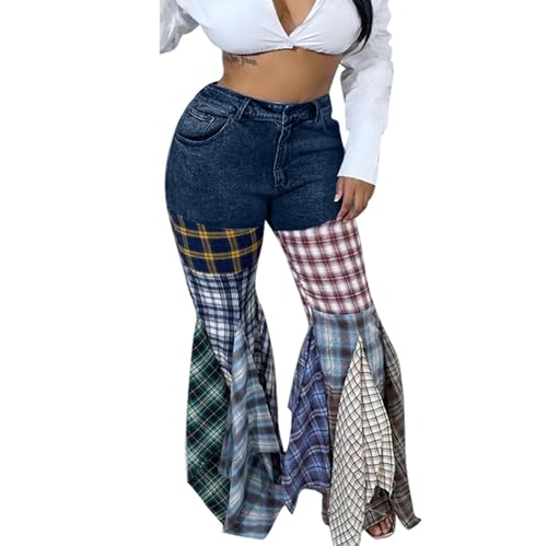 Women's High Waist Patchwork Flare Jeans Plaid Bell Bottom Ruffle Hem Denim Wide Leg Jeans