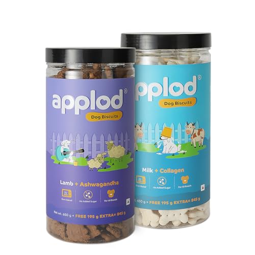Image of Lamb with Ashwagandha & Milk with Collagen Dog Biscuits Combo for Puppies & Adult Dogs, All Breeds | Oven-Baked Crunchy Dog Treats & Biscuits | Pack of 2 Flavours | 845g x 2