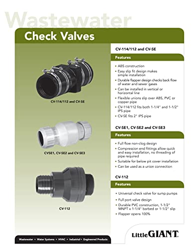 Image of Little Giant CV-114 /112 1-1 /4-Inch and 1-1 /2-Inch ABS Vertical Sump Pump Check Valve, Black, 599059