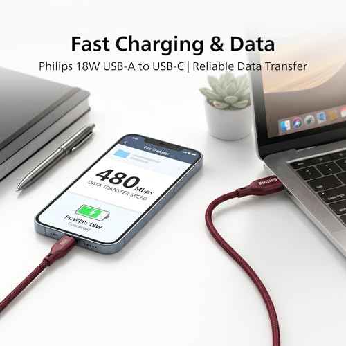 Image of PHILIPS DLC4150AI /94 18W Type-A to Type-C Fast Charging Cable (1.5m, Iron Red) | Nylon Braided | Compatible with iPhone 15+ Series, USB-C iPad Models, Samsung Galaxy & All Type C Devices