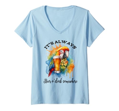 Mujer Parrot Drinking Its Beer OClock Somewhere Always 5 O'Clock Camiseta Cuello V