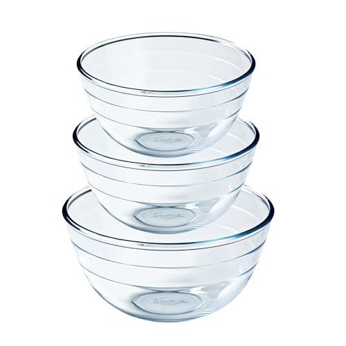 Ôcuisine Bowl Glass Round Mixing & Prep Bowls | Extreme Resistance | Oven Safe - Freezer Safe - Microwave Safe | Borosilicate Glass | Made in France (Bowl Set of 3 (0.5 1 2LT)