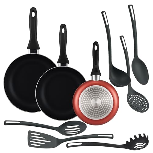 Well Home Set de 3 Sartenes Ø16Ø20Ø24cm de Aluminio prensado en Cobre metalizado + 6 Utensilios de cocina en PBT color Negro