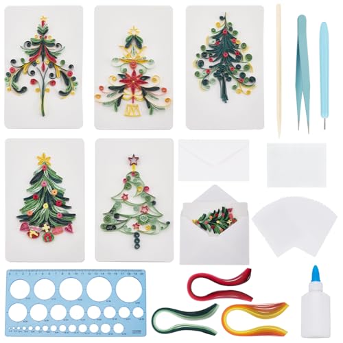 WEBEEDY 20 Set DIY Weihnachtsbaum Quilling Kit Handgemachte Weihnachtsbaum Quilling Karte Mit Anleitung DIY Frohe Weihnachten Glückwunschkarten Für Freunde Familie Und Kollegen