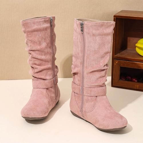 Mid Calf Boots for Girls Soft Slouchy Flat to Low Heel Under Knee High Boot Buckle Zipper Cute Round Toe Riding Boot Girl's Slouchy Slip On Casual Boots3