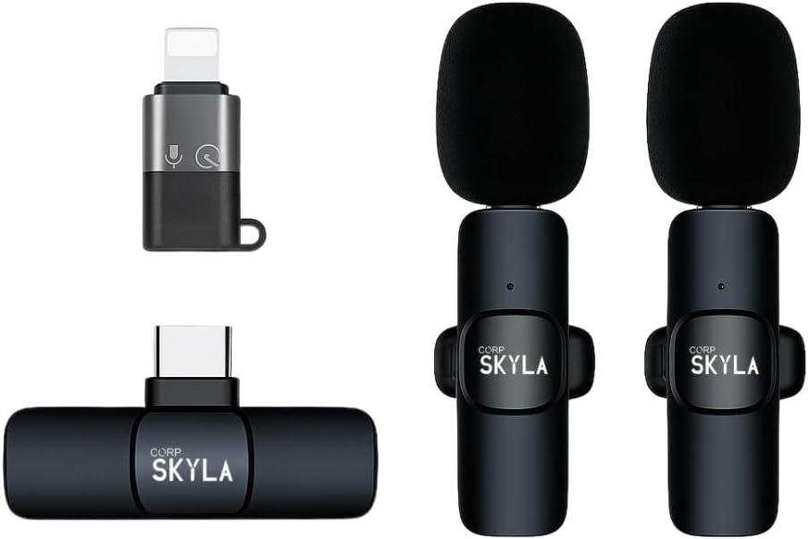 K9 Wireless Lavalier Microphone Set (2 Mics) with USB-C Receiver + USB-C to Lightning Adapter, Clip-On Mini Mic for iPhone/Android, Black
