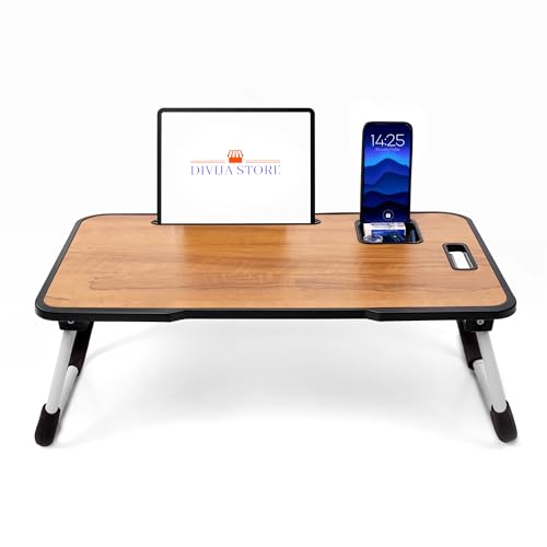 Image of Foldable Wooden Laptop Bed Tray Table, Multifunction Lap Tablet Desk with Cup Holder, for Eating Breakfast, Reading Book, Working, Watching Movie on Bed (Wood Bidding)