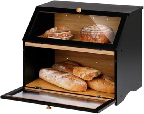 ブレッドケース キッチン収納 キッチンカウンター用パン箱 竹製 木製パン箱 大容量パン収納箱 パン保存ケース (ブラック)