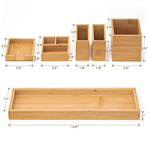 Bamboo Vanity Tray, 6-Piece Bathroom Countertop Vanity Tray Set, Makeup Kitchen Desk Organizer and Storage - Holds Small Items - Image 4