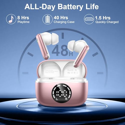 Image of Wireless Earbuds, 2025 Bluetooth 5.4 Headphones NEW Ear Buds 40H Bass Stereo in-Ear Earphones ENC Noise Cancelling Earbuds with 4 HD Mic, USB-C LED Display IP7 Waterproof Sport Headset for Android iOS