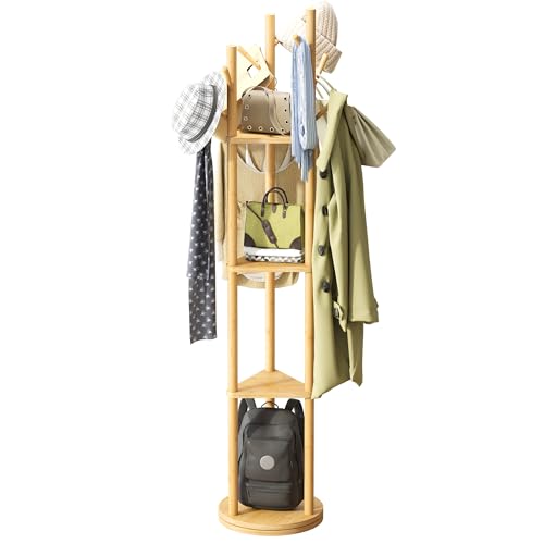 GHWIE Bamboo Rotary Coat Rack Freestanding Coat Tree with 3 Sections and 8 Hooks Easy to Assemble Coat Hanger Stand for Bedroom Office Hallway Entryway,Natural