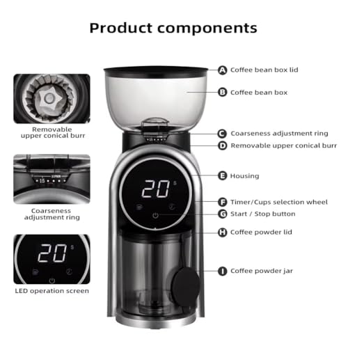 Elektryczny młynek do kawy, 25 poziomów mielenia do espresso, pojemnik na ziarna kawy 250 g, sterowanie za pomocą inteligentnego ekranu, do użytku domowego i biurowego