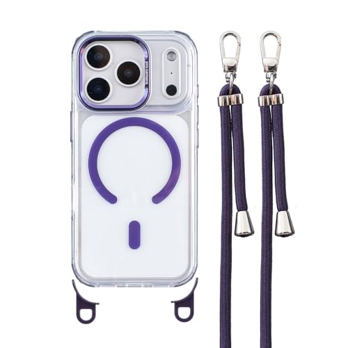Coque cordon iPhone 16 15 14 transparent violet avec étui magnétique et tour de cou