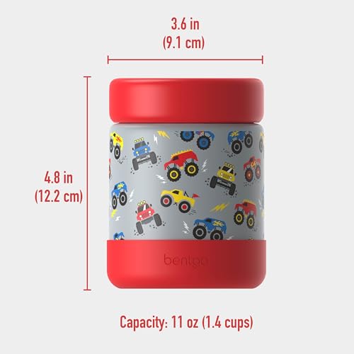 Image of Bentgo Kids Stainless Steel Leak-Proof Food Jar for Hot or Cold Food | 11 fl oz Double Insulated Container with Removable Silicone Bumper, Dishwasher Safe, Easy Open Lid, Ages 3+ (Trucks)