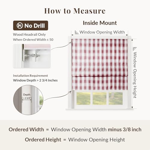 Image of TWOPAGES No Drill Cordless Buffalo Check Roman Shades Roman Blinds for Kitchen Windows, Customized Room Darkening Country Plaid Blinds Farmhouse Shades, Red Bordered Plaid, 1 Piece