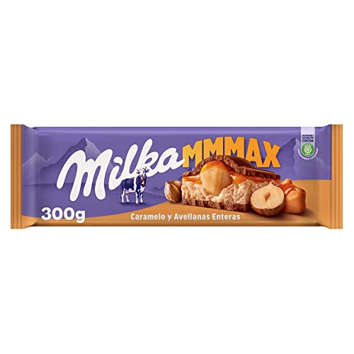 Milka MMMAX, Tableta Grande de Chocolate con Leche de los Alpes, Relleno de Avellanas Enteras y Crema de Caramelo, 300 g