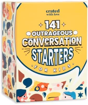 Crated with Love - 141 Outrageous Conversation Starters for Kids - Travel Games Card Deck for Family Table Topics, Funny Thought Provoking Questions to Spark Conversation and Grow Closer Together