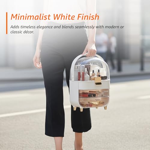 Image of Amazon Basics Glossy ABS+PET+PS Cosmetic Storage Organizer | 27 x 17 x 36.5 cm | 3 Compartments | Waterproof & Dustproof Lid | White (V1COSST5)
