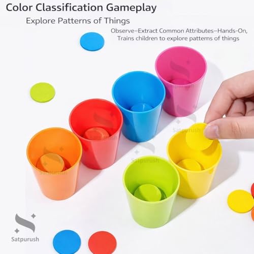 Image of Educational Color Classification Stacking Cup Game for Kids (36 Months+) | Montessori Learning Toy with 6 Stacking Cups, 60 Color Coins & 50 Double-Sided Activity Cards. (Color Match Set)