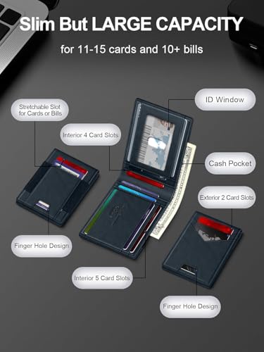 Image of Contacts Slim Leather Bifold for Men | RFID Blocking Card Holder with ID Window | Holds 13-17 Cards, Large Cash Slot | Thin Minimalist Front Pocket Design | Gift for Men (Blue)