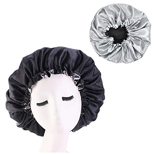 2 Pack Hair Bonnet for Sleeping, Double Layer Satin Bonnet, Adjustable Night Sleep Caps, Soft Silk Hair Wrap Head Cover for Women and Girls Curly Hair, Double Side Used (Black & Silver)