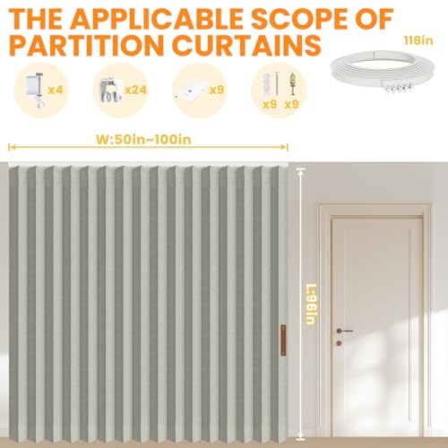 Image of Room Divider Curtain Sets with Flexible Ceiling Track, Privacy Soundproof Curtain for Bedroom Office Patio Sliding Door(Grey, W100 x L96, 1 Pack)
