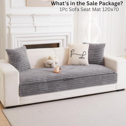 Image of HOMETHREADS 600GSM Thick & Soft Rabbit Fur Plush Sofa Cover-Luxurious Cozy Slipcover, Washable & Pet-Friendly, Anti-Scratch Protector for Sofas (Faux Linning Grey, 2 Seater Small | 120x70cm)