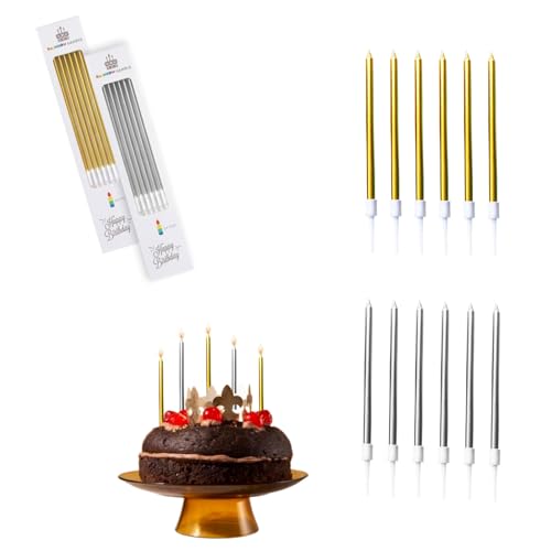 48 Velas Cumpleaños Originales | 24 unds Color Oro Metalizado y 24 unds Color Plateado | Vela Cumpleaños Originales para Tarta Cupcakes con soporte | Largas, finas Y recta de 11,5 cm y 0,5 cm de ancho