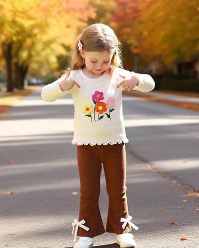 Kucnuzki Toddler Baby Girl Clothes Outfit Long Sleeve Ruffle T Shirt Top Bell Bottom Pants Two Piece Fall Winter Outfits3