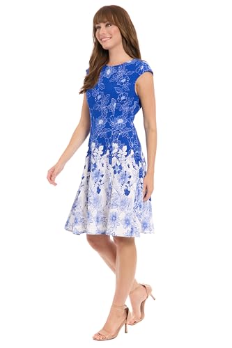 Image of London Times Women's Women's Fit and Flare Knee Length Cap Sleeve Round Neck - Border Print Special Occasion Cocktail Dress