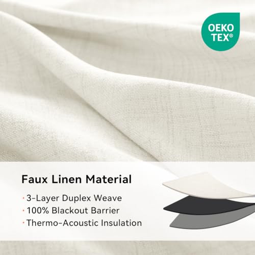 Image of 100% Blackout Shield Linen Textured Total Blackout Curtains for Bedroom 90 Inches Long, Beige Wihte Grommet Curtains for Living Room, Thermal Insulated Room Darkening Drapes, 50 inch W x 90 inch L, 2 Panels