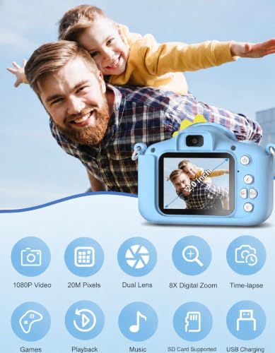 Image of ROFARWORD Kids Digital Camera for Boys & Girls 3-9 Years, 1080P HD Video Camcorder with Selfie, Games & Photo Frames, 2.0 Inch Screen, Rechargeable, SD Card(Not Included), Best Birthday Gift (Blue)