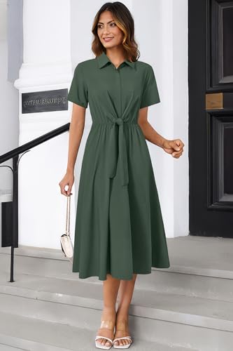 Image of Newshows Women's Work Business Casual Outfits Tie Waist Midi Shirt Dress | Lightweight & Breathable Easy-care Fabric, Side Pockets, Decent Professional Attire, Church Office Funeral Outfits