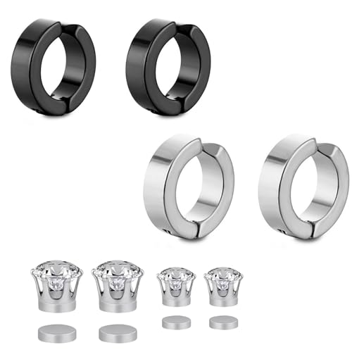 4 Pairs ear studs for men, Non Piercing Ear Studs for Men and Women, Magnetic Studs for Men, Silver and Black Ear Rings for Men, Fashion Ear Accessories for Casual and Party Wears