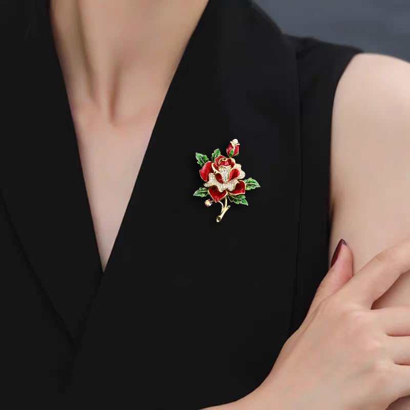 Image of Flower Brooch Pins for Women Red Rose Pin Dress Sweater Jacket Costume Jewelry Pins Wedding Holiday Gift Accessories (Red Rose)