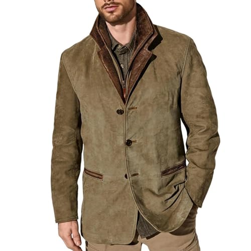 Men's Faux Suede Blazer Leather Jacket Button Up Notch Lapel Sport Coat Vintage Distressed Cargo Coat Tops with Pockets